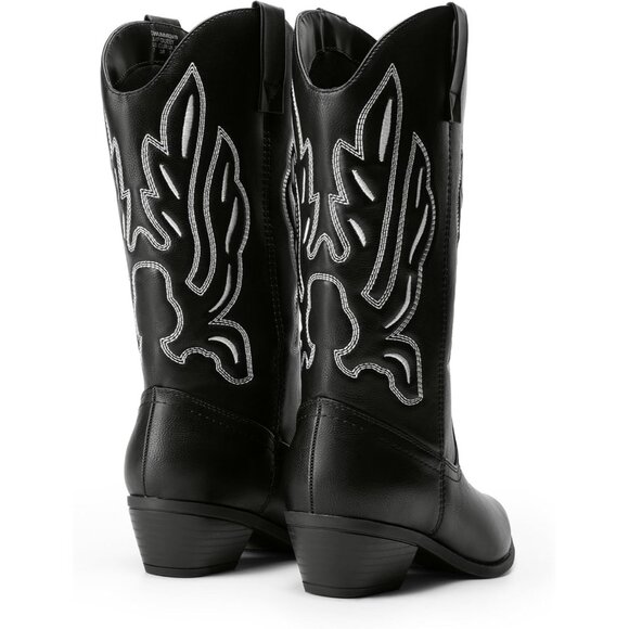 Women's Black-PU Mid Calf Western Embroidery Stitched Faux Leather Cowgirl Boots - Picture 3 of 7